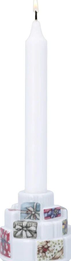 Julepynt<Kähler Hammershøi Christmas Gaver lysestage Ø7. 5 cm hvid m. deko